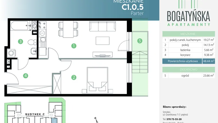 Rzut - Mieszkanie na sprzedaż 2 pokoje o powierzchni 48,44 m² - numer C1.0.5 w Bogatyńska Apartamenty etap 3