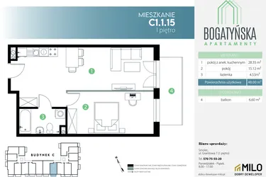 Rzut - Mieszkanie na sprzedaż 2 pokoje o powierzchni 48 m² - numer C1.1.15 w Bogatyńska Apartamenty etap 3