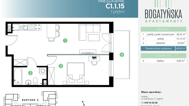 Rzut - Mieszkanie na sprzedaż 2 pokoje o powierzchni 48 m² - numer C1.1.15 w Bogatyńska Apartamenty etap 3