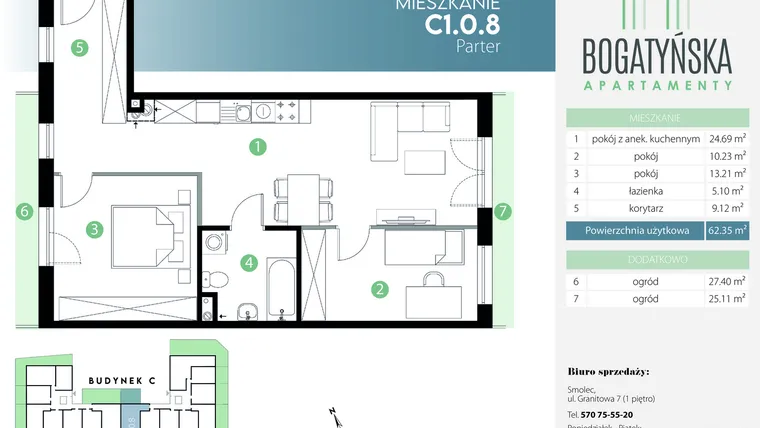 Rzut - Mieszkanie na sprzedaż 3 pokoje o powierzchni 62,35 m² - numer C1.0.8 w Bogatyńska Apartamenty etap 3