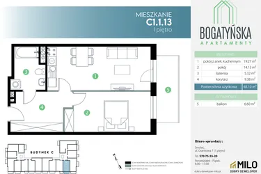 Rzut - Mieszkanie na sprzedaż 2 pokoje o powierzchni 48,1 m² - numer C1.1.13 w Bogatyńska Apartamenty etap 3