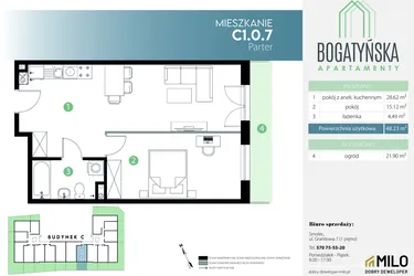 Rzut - Mieszkanie na sprzedaż 2 pokoje o powierzchni 48,23 m² - numer C1.0.7 w Bogatyńska Apartamenty etap 3