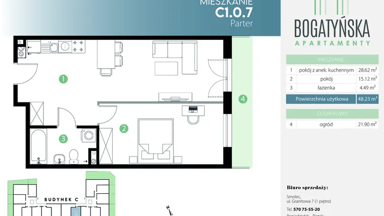 Rzut - Mieszkanie na sprzedaż 2 pokoje o powierzchni 48,23 m² - numer C1.0.7 w Bogatyńska Apartamenty etap 3