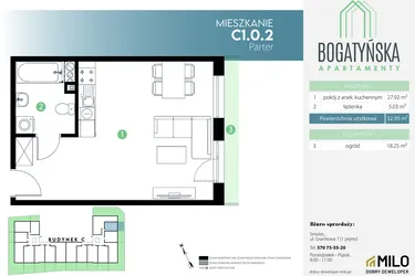 Rzut - Mieszkanie na sprzedaż 1 pokój o powierzchni 32,95 m² - numer C1.0.2 w Bogatyńska Apartamenty etap 3