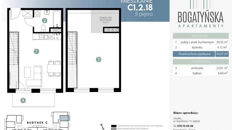 Rzut - Mieszkanie na sprzedaż 2 pokoje o powierzchni 65,18 m² - numer C1.2.18 w Bogatyńska Apartamenty etap 3
