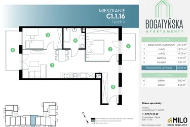Rzut - Mieszkanie na sprzedaż 3 pokoje o powierzchni 62,09 m² - numer C1.1.16 w Bogatyńska Apartamenty etap 3