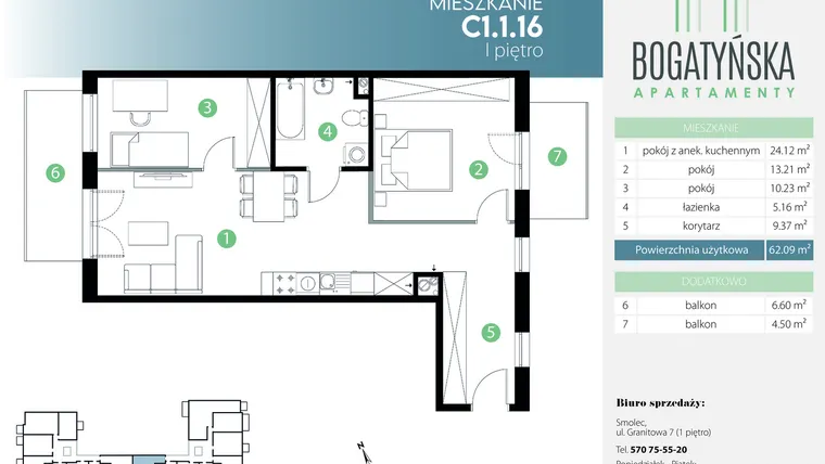 Rzut - Mieszkanie na sprzedaż 3 pokoje o powierzchni 62,09 m² - numer C1.1.16 w Bogatyńska Apartamenty etap 3