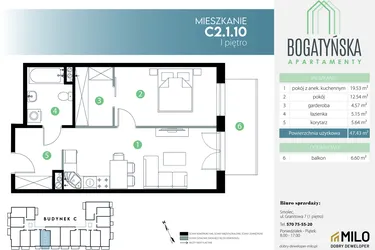 Rzut - Mieszkanie na sprzedaż 2 pokoje o powierzchni 47,43 m² - numer C2.1.10 w Bogatyńska Apartamenty etap 3