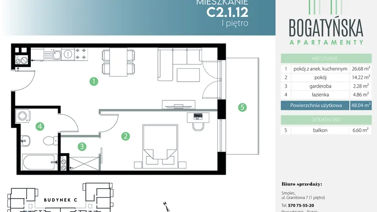 Rzut - Mieszkanie na sprzedaż 2 pokoje o powierzchni 48,04 m² - numer C2.1.12 w Bogatyńska Apartamenty etap 3