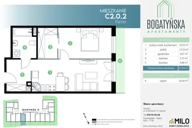 Rzut - Mieszkanie na sprzedaż 2 pokoje o powierzchni 47,83 m² - numer C2.0.2 w Bogatyńska Apartamenty etap 3