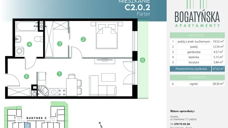 Rzut - Mieszkanie na sprzedaż 2 pokoje o powierzchni 47,83 m² - numer C2.0.2 w Bogatyńska Apartamenty etap 3