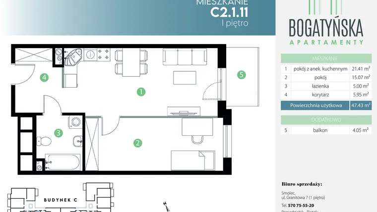 Rzut - Mieszkanie na sprzedaż 2 pokoje o powierzchni 47,43 m² - numer C2.1.11 w Bogatyńska Apartamenty etap 3