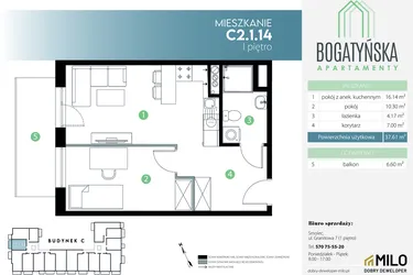 Rzut - Mieszkanie na sprzedaż 2 pokoje o powierzchni 37,61 m² - numer C2.1.14 w Bogatyńska Apartamenty etap 3