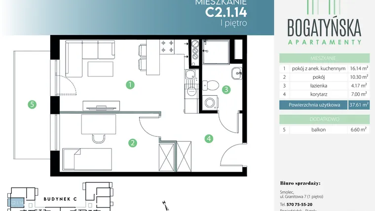Rzut - Mieszkanie na sprzedaż 2 pokoje o powierzchni 37,61 m² - numer C2.1.14 w Bogatyńska Apartamenty etap 3