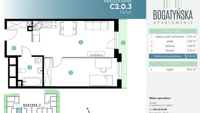 Rzut - Mieszkanie na sprzedaż 2 pokoje o powierzchni 47,64 m² - numer C2.0.3 w Bogatyńska Apartamenty etap 3