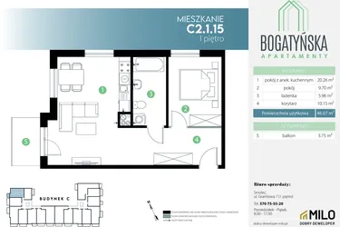Rzut - Mieszkanie na sprzedaż 2 pokoje o powierzchni 46,07 m² - numer C2.1.15 w Bogatyńska Apartamenty etap 3