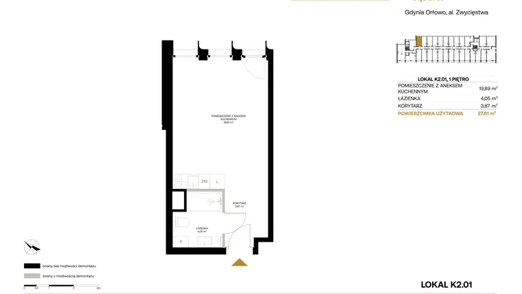 Rzut - Mieszkanie na sprzedaż 1 pokój o powierzchni 27,81 m² - numer K2.01 w Orłowo Square - Apartamenty inwestycyjne