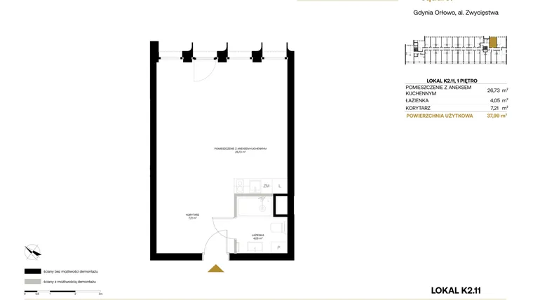 Rzut - Mieszkanie na sprzedaż 1 pokój o powierzchni 37,99 m² - numer K2.11 w Orłowo Square - Apartamenty inwestycyjne