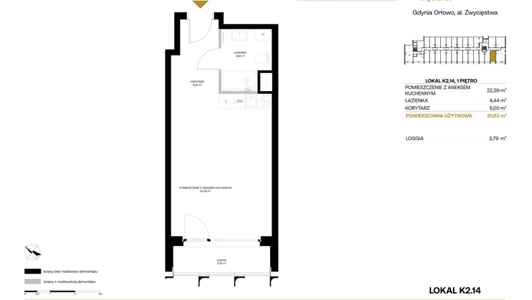 Rzut - Mieszkanie na sprzedaż 1 pokój o powierzchni 31,83 m² - numer K2.14 w Orłowo Square - Apartamenty inwestycyjne