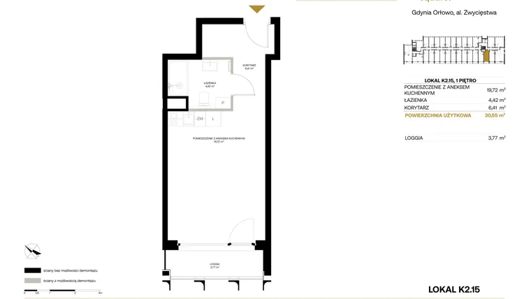 Rzut - Mieszkanie na sprzedaż 1 pokój o powierzchni 30,55 m² - numer K2.15 w Orłowo Square - Apartamenty inwestycyjne