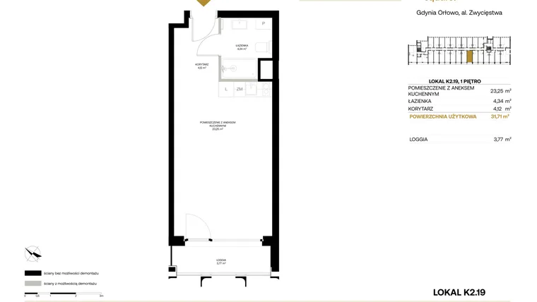 Rzut - Mieszkanie na sprzedaż 1 pokój o powierzchni 31,71 m² - numer K2.19 w Orłowo Square - Apartamenty inwestycyjne