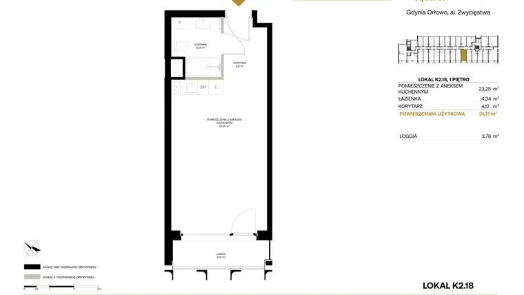 Rzut - Mieszkanie na sprzedaż 1 pokój o powierzchni 31,71 m² - numer K2.18 w Orłowo Square - Apartamenty inwestycyjne
