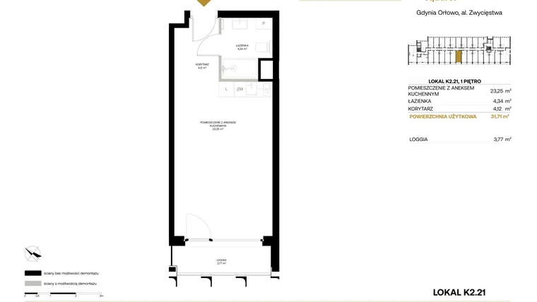 Rzut - Mieszkanie na sprzedaż 1 pokój o powierzchni 31,71 m² - numer K2.21 w Orłowo Square - Apartamenty inwestycyjne