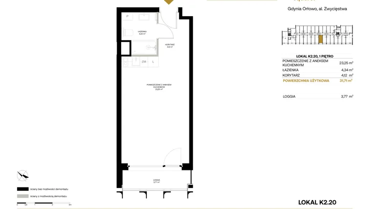 Rzut - Mieszkanie na sprzedaż 1 pokój o powierzchni 31,71 m² - numer K2.20 w Orłowo Square - Apartamenty inwestycyjne