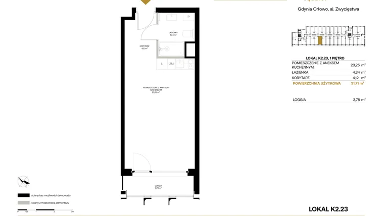 Rzut - Mieszkanie na sprzedaż 1 pokój o powierzchni 31,71 m² - numer K2.23 w Orłowo Square - Apartamenty inwestycyjne