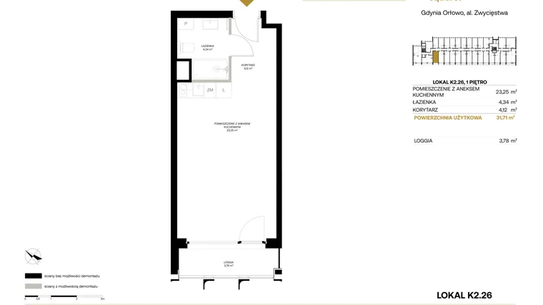 Rzut - Mieszkanie na sprzedaż 1 pokój o powierzchni 31,71 m² - numer K2.26 w Orłowo Square - Apartamenty inwestycyjne