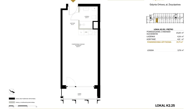 Rzut - Mieszkanie na sprzedaż 1 pokój o powierzchni 31,71 m² - numer K2.25 w Orłowo Square - Apartamenty inwestycyjne