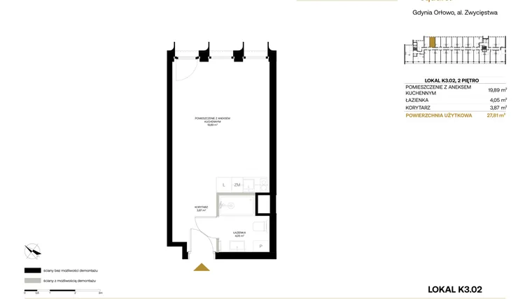 Rzut - Mieszkanie na sprzedaż 1 pokój o powierzchni 27,81 m² - numer K3.02 w Orłowo Square - Apartamenty inwestycyjne