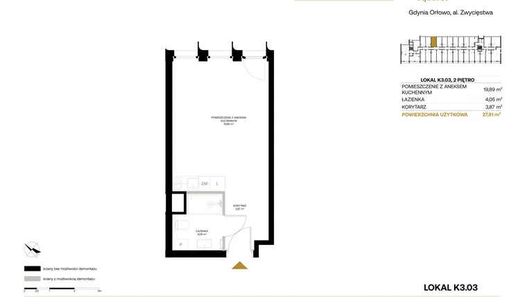 Rzut - Mieszkanie na sprzedaż 1 pokój o powierzchni 27,81 m² - numer K3.03 w Orłowo Square - Apartamenty inwestycyjne