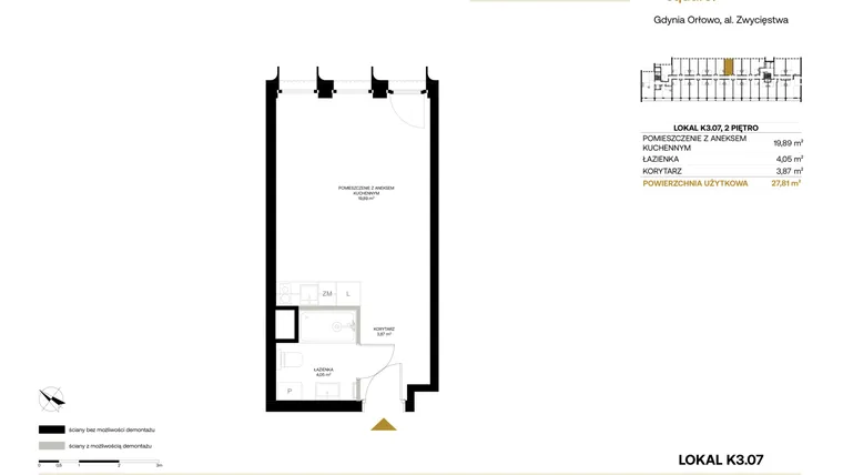 Rzut - Mieszkanie na sprzedaż 1 pokój o powierzchni 27,81 m² - numer K3.07 w Orłowo Square - Apartamenty inwestycyjne