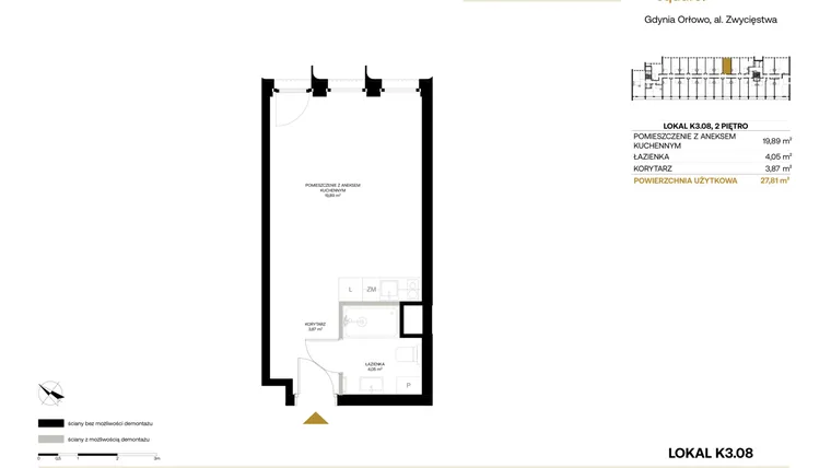 Rzut - Mieszkanie na sprzedaż 1 pokój o powierzchni 27,81 m² - numer K3.08 w Orłowo Square - Apartamenty inwestycyjne