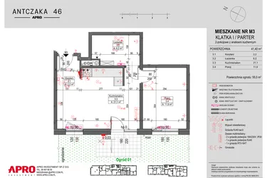Rzut - Mieszkanie na sprzedaż 2 pokoje o powierzchni 41,4 m² - numer M3 w Antczaka 46