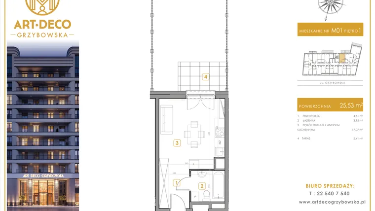 Rzut - Mieszkanie na sprzedaż 1 pokój o powierzchni 25,53 m² - numer LM-01 w Art Deco Grzybowska