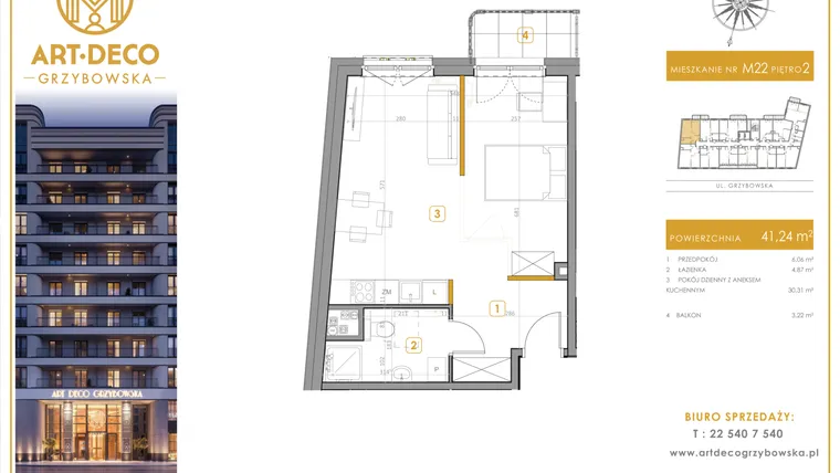 Rzut - Mieszkanie na sprzedaż 1 pokój o powierzchni 41,24 m² - numer LM-22 w Art Deco Grzybowska