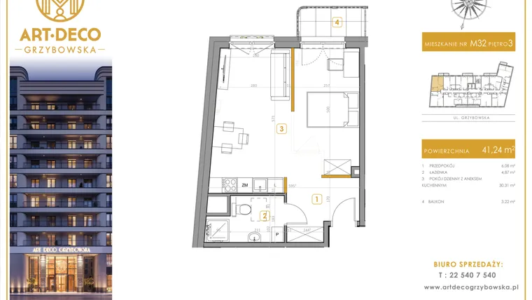 Rzut - Mieszkanie na sprzedaż 1 pokój o powierzchni 41,26 m² - numer LM-32 w Art Deco Grzybowska
