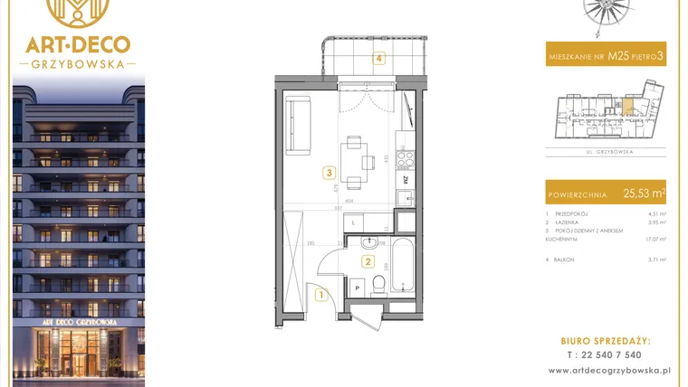 Rzut - Mieszkanie na sprzedaż 1 pokój o powierzchni 25,53 m² - numer LM-25 w Art Deco Grzybowska