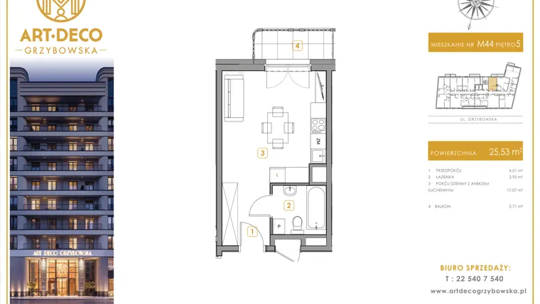 Rzut - Mieszkanie na sprzedaż 1 pokój o powierzchni 25,53 m² - numer LM-44 w Art Deco Grzybowska
