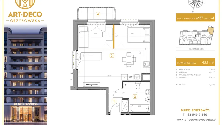 Rzut - Mieszkanie na sprzedaż 1 pokój o powierzchni 48,1 m² - numer LM-37 w Art Deco Grzybowska