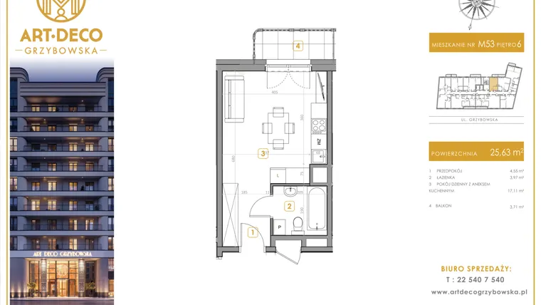 Rzut - Mieszkanie na sprzedaż 1 pokój o powierzchni 25,61 m² - numer LM-53 w Art Deco Grzybowska