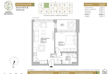 Rzut - Mieszkanie na sprzedaż 2 pokoje o powierzchni 49,69 m² - numer M5 w Ogrody Reymonta