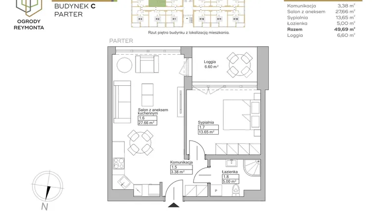 Rzut - Mieszkanie na sprzedaż 2 pokoje o powierzchni 49,69 m² - numer M5 w Ogrody Reymonta
