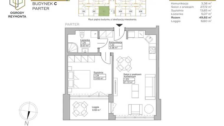 Rzut - Mieszkanie na sprzedaż 2 pokoje o powierzchni 49,82 m² - numer M1 w Ogrody Reymonta