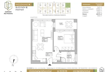 Rzut - Mieszkanie na sprzedaż 2 pokoje o powierzchni 49,73 m² - numer M9 w Ogrody Reymonta