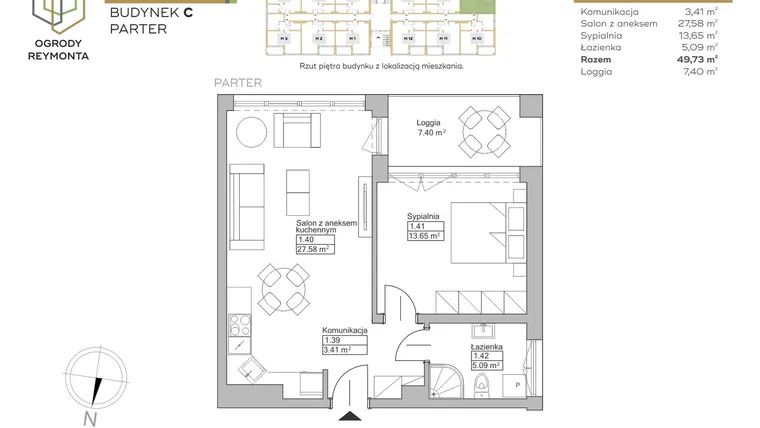 Rzut - Mieszkanie na sprzedaż 2 pokoje o powierzchni 49,73 m² - numer M9 w Ogrody Reymonta