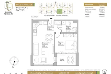 Rzut - Mieszkanie na sprzedaż 2 pokoje o powierzchni 49,82 m² - numer M12 w Ogrody Reymonta