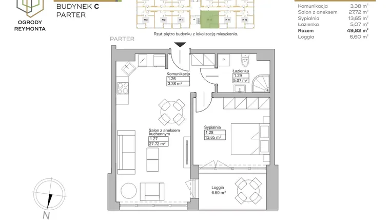 Rzut - Mieszkanie na sprzedaż 2 pokoje o powierzchni 49,82 m² - numer M12 w Ogrody Reymonta